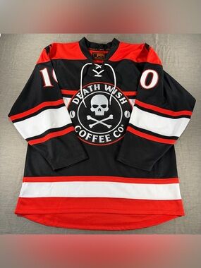 Death Wish Coffee Co Hockey Jersey Mens L Skull Flow Shirt Team DWCC 10 Orange